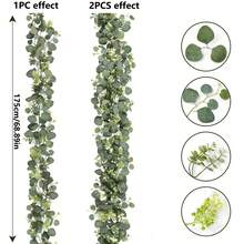 1/2/50件套人造尤加利花环，白色花朵，5.9英尺/180厘米银色尤加利叶满天星花环，仿真绿植藤蔓，适用于婚礼、派对、壁炉、桌旗、家居装饰、房间装饰、浴室装饰、办公室装饰、卧室装饰、夏季装饰、人造植物 - 蘋果葉藤條-綠 - 查看 2