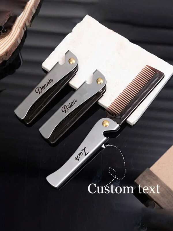 1pc Personalized Name Engraved Folding Comb, Beard Brush, Ideal Gift For Valentine's Day, Father's Day, Christmas, Birthday, Best Gift For Friends