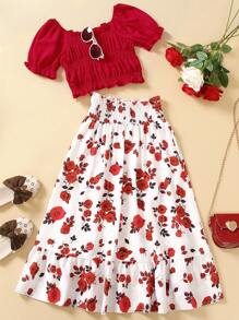 2025 Summer & Sweet Style Tween Girl Sets, Solid Color Ruffle Trim Puff Sleeve Square Neck Blouse & Ditsy Floral Mini Skirt, 2pcs