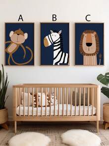 1pc Canvas Hanging Picture, Navy Blue, Nursery Wall Art Print, Digital Nursery Art, Jungle Animals Print, Nursery Artwork, Kids Room Wall Art, Animal Art Print - Kids Room Decor - Multicolor - View 2