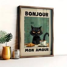 1幅黑猫海报，“Bonjour Mon Amour”绿色文字黑猫早餐艺术画，现代帆布艺术，适合厨房、客厅或家庭办公室装饰，无框，室内装饰 | 艺术墙贴 | 时尚家居装饰，猫咪装饰 - 彩色 - 查看 4