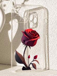 Husă de telefon transparentă anti-zgârieturi, antiderapantă, cu design floral, 1 buc., trandafir roșu înflorit, compatibilă cu Honor, compatibilă cu Redmi, compatibilă cu seria Galaxy A/S, compatibilă cu Pixel A/7A/8A, 12T/13T, impermeabilă, rezistentă la șocuri, anti-cădere, versiune internațională, nu versiunea națională. - clar - Vizualizare 1