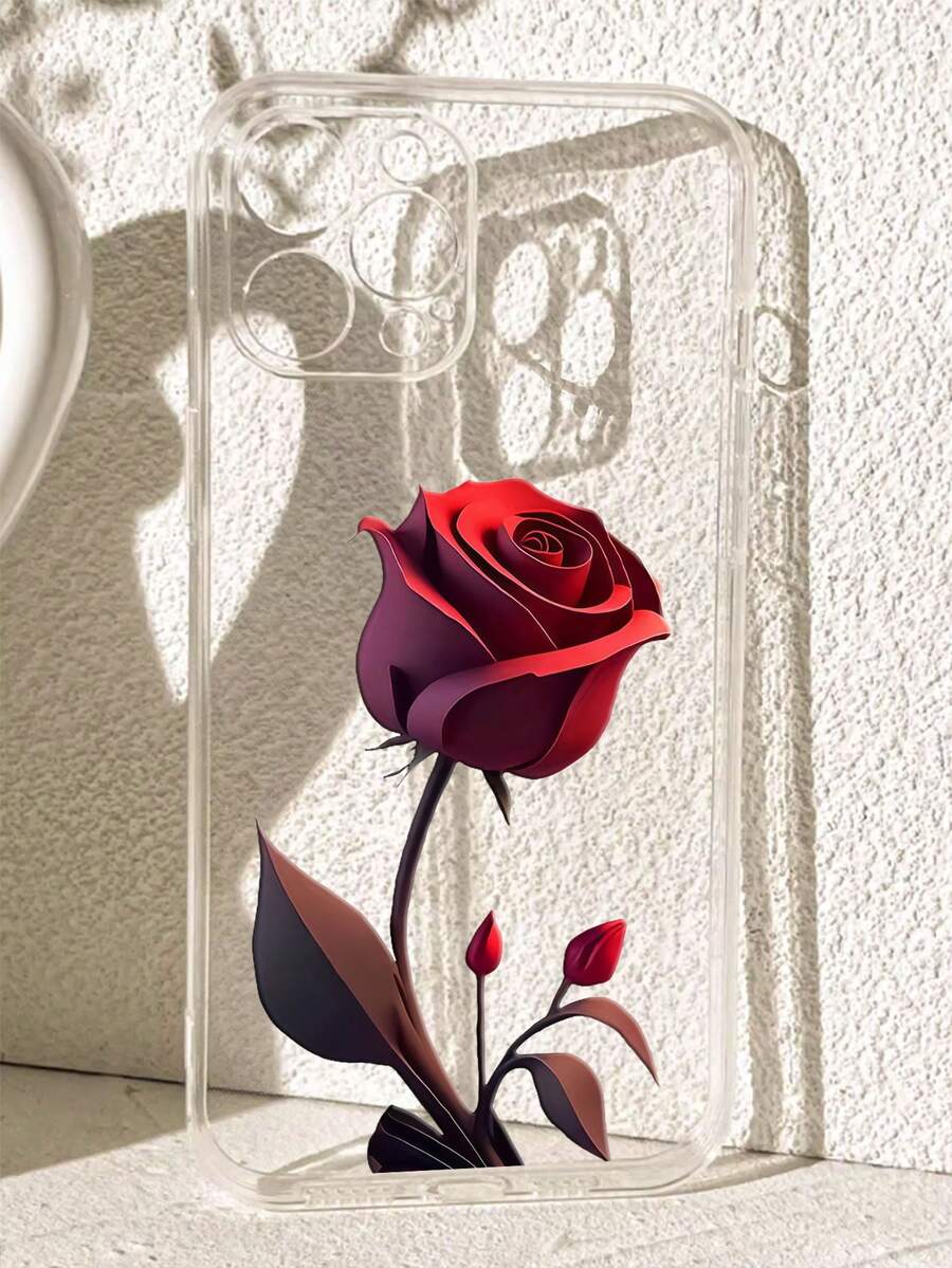 Husă de telefon transparentă anti-zgârieturi, antiderapantă, cu design floral, 1 buc., trandafir roșu înflorit, compatibilă cu Honor, compatibilă cu Redmi, compatibilă cu seria Galaxy A/S, compatibilă cu Pixel A/7A/8A, 12T/13T, impermeabilă, rezistentă la șocuri, anti-cădere, versiune internațională, nu versiunea națională. - clar - Vizualizare 1