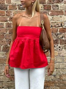 Women Summer Flowy Tube Top Y2k Solid Color Strapless Off The Shoulder Loose Fit Babydoll Bandeau Crop Tops Backless Sleeveless Going Out Tops Vests Shirts Casual Streetwear - Đỏ - Xem 6