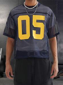 Men Mesh Shirt Loose Number Print See Through Short Sleeve Round Neck Sport T-Shirts Casual Streetwear - Màu xanh lam - Xem 2