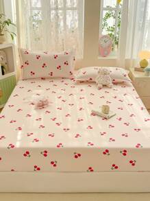 Juego de ropa de cama de 3 piezas, blanco con estampado de cereza, juego de ropa de cama suave y cómodo que incluye 1 sábana ajustable y 2 fundas de almohada, sin relleno, adecuado para dormitorio, dormitorios y uso doméstico, disponible en varios tamaños