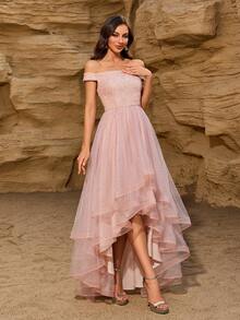Elisanya Off Shoulder Contrast Sequin High Low Hem Mesh Party Dress,Cocktail Semi Formal Prom Dress - Champagne - View 4