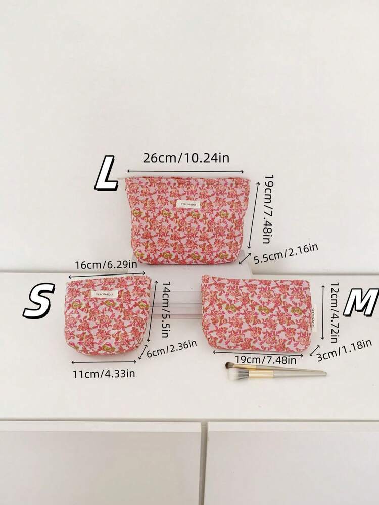 1Pc/Set Red Floral Design Quilting Makeup Bag Large Capacity Cosmetic Bag, Fashionable Portable Makeup Bags, Girls Travel Make Up Bag ,Multi-Functional Storage Bag For Lipstick, Sanitary Napkin, Coins, Keys,Hair Clips ,Scrunchie Etc, Large Capacity Lovely Wash Bag For Travel Organizer Cosmetic Bag For Travel, School ,Holiday ,Mother's Day Gift ,Back To School Gift,New Year Gift - Red - View 10