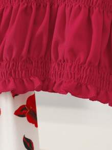 2025 Summer & Sweet Style Tween Girl Sets, Solid Color Ruffle Trim Puff Sleeve Square Neck Blouse & Ditsy Floral Mini Skirt, 2pcs