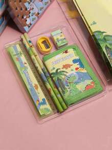 1 Set de suministros de papelería de regalo con diseño de dibujos animados para estudiantes que incluye estuche para lápices, bolsa con cremallera y artículos de papelería en una caja con diseño de regreso a la escuela