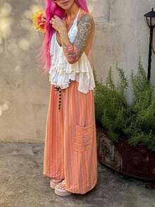 Women's Drawstring Striped Trousers Loose Wide Leg Casual Trousers Casual Paraiso Trousers With Pockets Trousers - 橘色 - 查看 5