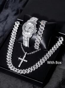 Set de joyería de 5 piezas que incluye reloj de estilo hip hop, collar con colgante de cruz, pulsera - Cadena cubana de Miami con efecto de cristales para hombres y mujeres