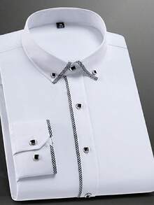 Camisa de manga larga con cuello mao de unicolor, informal y de negocios para hombre. Camisa formal ajustada para hombre. Camisa de unicolor para hombre. Adecuada para uso diario, ir al trabajo, salir y reuniones. Se puede combinar con pantalones de traje o traje para asistir a fiestas, bodas y ocasiones de luna de miel. Se puede regalar a un hijo, esposo, novio o padre, para el otoño. - Blanco - Ver 2