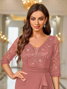 MIUSOL V-Neck Sequin Floral Lace Ruffle Hem Cocktail Dress, Formal Gown For Wedding Events, Prom, Birthday, Graduation Ceremony, Dinner Party - Dusty Pink - View 8