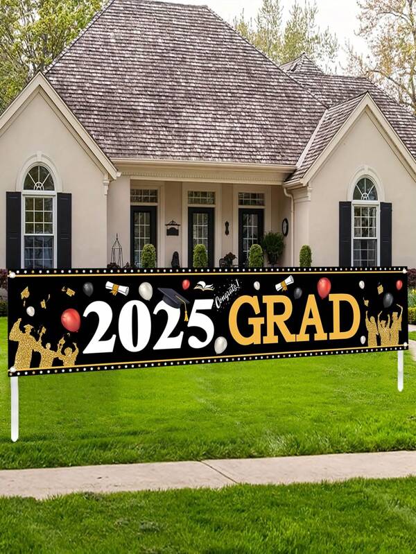 1 pieza Pancarta de poliéster con diseño de felicitaciones de graduación 2025 para decoración de fiesta de graduación tanto en interiores como exteriores, utilizable como fondo de fotografía