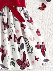 Mädchen Kleid mit Schmetterling & Blumen Ärmelloser Schleifenapplikation, Elegante Mode, geeignet als Outdoor-Bekleidung Frühling/Herbst, kann als Geschenk gegeben werden