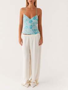 Women Sequin Sparkle Open Back Criss Cross Straps Tank Top Y2k Pearl Embellished Cami Tops Sexy Bling Glitter Rhinestone Camisole - 藍色 - 查看 6