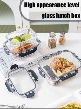 1 件装简约灰色扣玻璃午餐盒，微波炉适用矩形食物储存容器，上班族便当盒，可加热餐盒，适用于家庭和学校