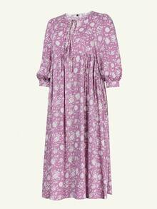 Eilly Bazar Plus Size Mid-Length Sleeve All-Over Print Pleated Casual Dress, Suitable For Vacations - Mauve Purple - View 6