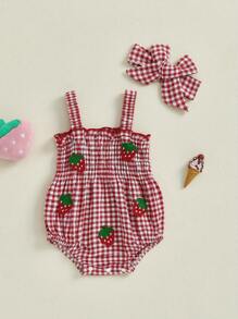 Baby Girl Strawberry Outfit Plaid Smocked Sleeveless Overall Romper Te-Up Headband Cute Summer Clothes 2Pcs Set