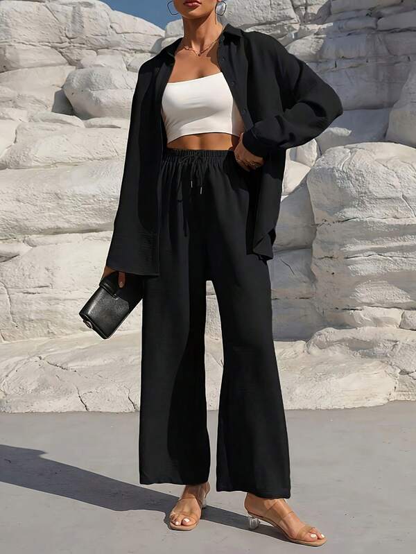 Women's Casual Elegant 2pcs Set, Long Sleeve Solid Color Blouse & Pants, Spring/Autumn