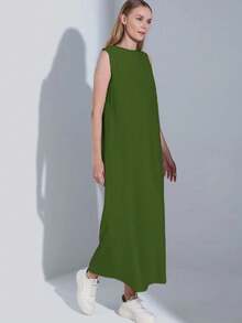 Solid Color Minimalist Sleeveless Round Neck Casual Maxi Dress - Olive Green - View 4