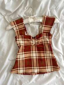 Women's Y2K Slim Fit Tank Tops Cute Plaid Sleeveless Crop Tops Striped Cami Tops Cute Square Neck Vest Summer Shirts Aesthetic Tops For Streetwear Going Out Tops - 棕色 - 查看 1