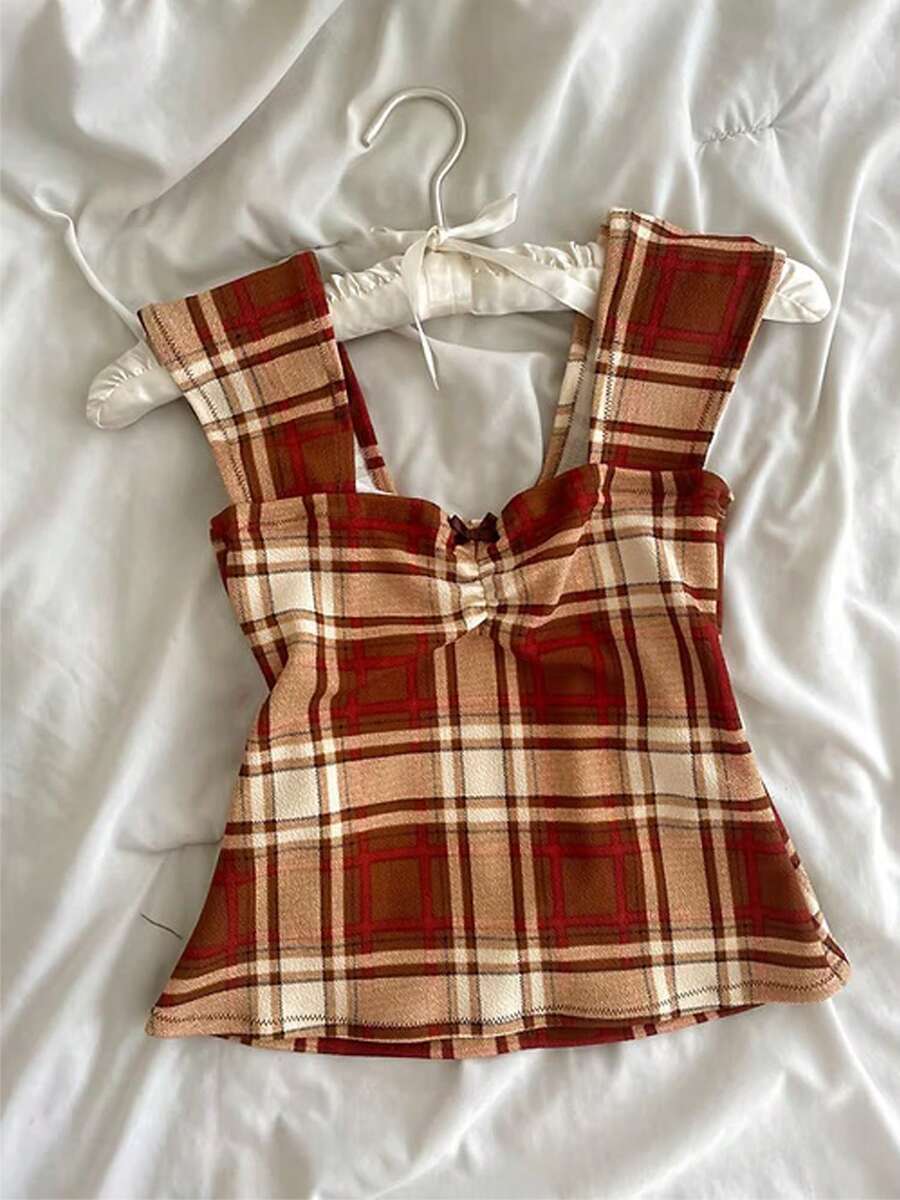 Women's Y2K Slim Fit Tank Tops Cute Plaid Sleeveless Crop Tops Striped Cami Tops Cute Square Neck Vest Summer Shirts Aesthetic Tops For Streetwear Going Out Tops - 棕色 - 查看 1