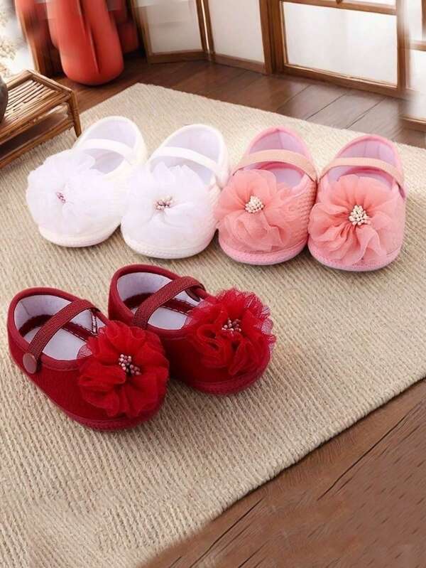 1Pair New Baby Shoes Soft First Walkers Girl Sweet Flower Shallow Princess Style Shoes Crib Floor Walking Shoes 0-12M