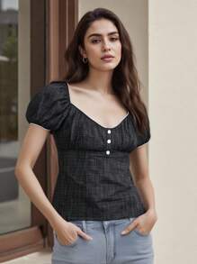 Women Plaid Tops Slim Button-Up V Neck Puff Sleeve T-Shirt Casual Summer Streetwear