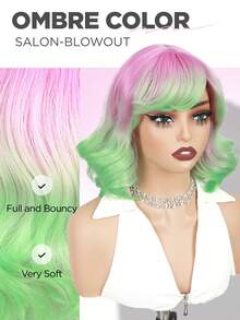 14 Zoll kurze Farbverlauf Bob Perücken mit Pony, lockige Perücken für Frauen mit kurzen rosa bis grünen Haaren, lose wellige Perücke Farbverlauf rosa Perücke, synthetisches Haar, Lavendel Perücke für Cosplay, tägliche Partys, Selfie-Verwendung