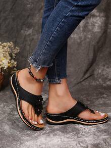 女士大码镂空厚底人字拖，坡跟平底沙滩拖鞋，夏季款，人字拖 - 黑色 - 查看 4