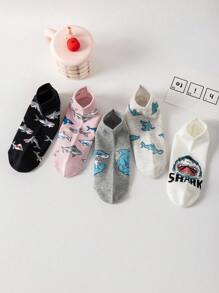 5 par damskich nowych, uroczych, modnych krótkich skarpetek z motywem rekina, miękkich, wygodnych i oddychających, najlepszych skarpetek do codziennego noszenia