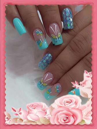 24pcs Short To Medium Square Shaped Light Blue French Butterfly Design Nail Art-Set With Gold Thread And 1pc Cuticle Pusher & 1pc Jelly Gel Press On Nails Nail Supplies