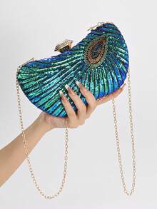 Geantă de seară brodată cu paiete și păun în stil chinezesc, cu lanț de curea de umăr, geantă pătrată mică pentru femei Cheongsam