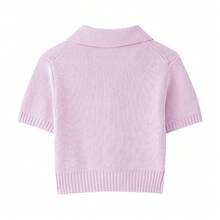 ZEVITY Bow Decor Solid Color Casual Short Sleeve Knit Sweater - Pink - View 2