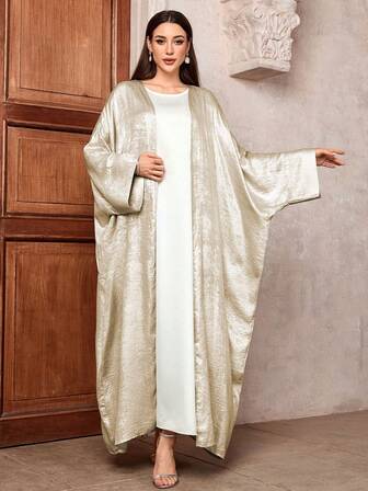 One Piece Women's Shiny Batwing Satin Open Kimono Abaya Muslim Kaftan Dress Islam Robe Outwear Long Coat, Modest