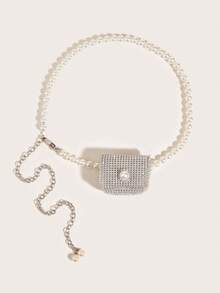 1pc Pearl & Rhinestone Decorated Versatile Waist Belt, Minimalist Design - Silver - View 2