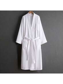 1pc Terry Velour Plain Collar Robe, Bathrobe, Loungewear, Home Wear, Soft, Absorbent, For Bathroom, Bedroom, Swimming Pool Back To School - White - View 14