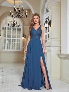 Vestido de noche elegante de encaje con cuello en V profundo, vestido formal para graduación, cena, vestido con espalda descubierta y rhinestones, vestido de fiesta - azul real - Ver 4