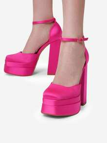 Zapatos de tacón alto y grueso con plataforma y punta cerrada para mujer, con tiras al tobillo y punta cuadrada, para boda, fiesta y graduación - Rosa Fucsia - Ver 7