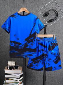Set de 2 piezas con parte superior de manga corta y shorts estampado con graffiti y tinta para niño preadolescente, conjunto de vestir informal para vacaciones, primavera/verano - Azul - Ver 2