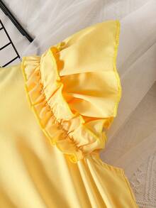 女童荷叶边下摆数码印花拼接腰部连衣裙（配腰带） - 黃色 - 查看 4