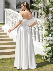 UNITHORSE 1pc Off-Shoulder Puff Sleeve Waisted A-Line Dress, Graceful Satin Flowing Formal Gown,Wedding Dress,Bride, All White Party Outfit Women - White - View 2