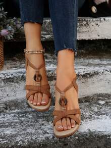Women's Bohemian Style Wedge Sandals, Suede Leather Casual Vacation Slip-On Platform Shoes, Non-Slip Thick Sole, Fashion Versatile Wedge Sandals, Brown - Brown - View 3