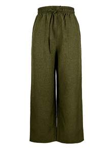 Pantalones casuales de pierna recta con cintura elástica, cordón y bolsillos - Verde militar - Ver 2