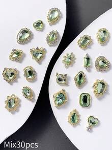 30/50pcs Gold Heart & Angel Wing Nail Art Decorations, Y2K St. Patrick's Day Shiny Green Rhinestone Nail Gems, 3D Alloy Leaf Geometric Pattern DIY Nail Jewels, Girl Gift, Phone Case, Shoes, Clothes, Bags, Crafts, Nail Supplies - Multicolor - View 10