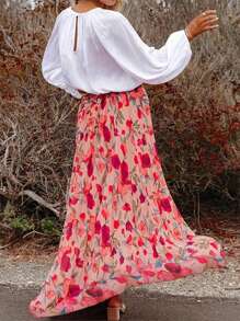 Plus Size Women's Chiffon Floral Print High Waist Loose Fit Maxi Skirt, Elegant Casual Summer Beach Holiday