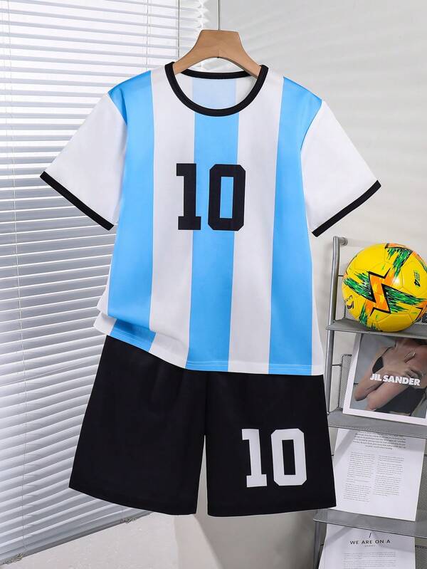 2 Stücke Jungen Outdoor Sport Fußball Trikot Set, Nummer 7 "GOAT" Aufdruck, Farbblockdesign mit Rundhalsausschnitt und Kurzarmoberteil & Shorts, Frühling/Sommer