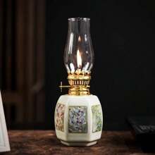 1pc Ceramic Plum, Orchid, Bamboo, Chrysanthemum Oil Lamp, Adjustable Wick Camping Fuel Lamp, Ceramic Candlestick For Altar, Desktop Decor Lamp, Indoor Ceramic Oil Lamp, Oil Lamp/Hurricane Lamp With Flame Control Knob, Celebration Lamp, Retro Metal Appearance, No Power Supply Required.
